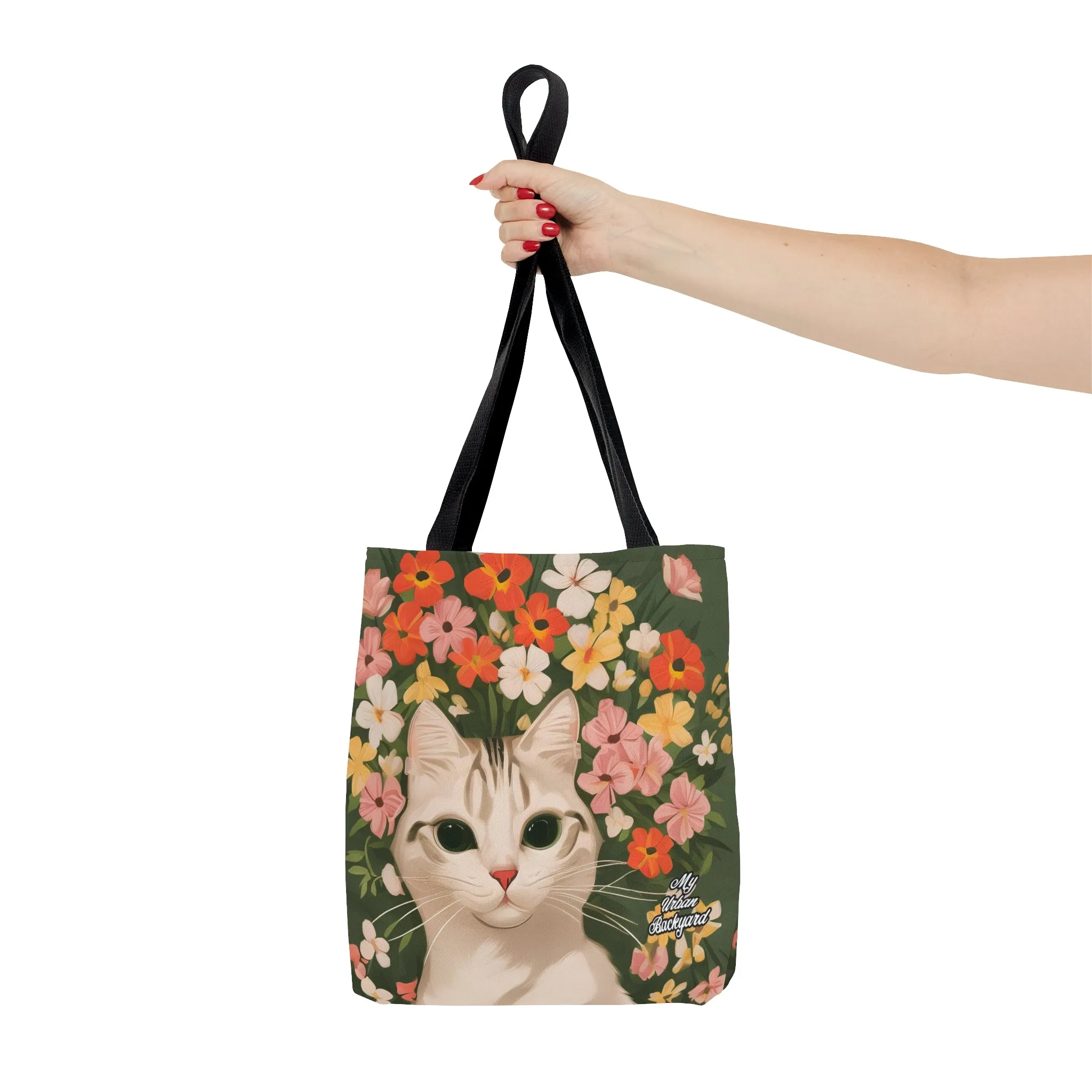 White Cat with Flowers, Tote Bag for Everyday Use - Durable and Functional