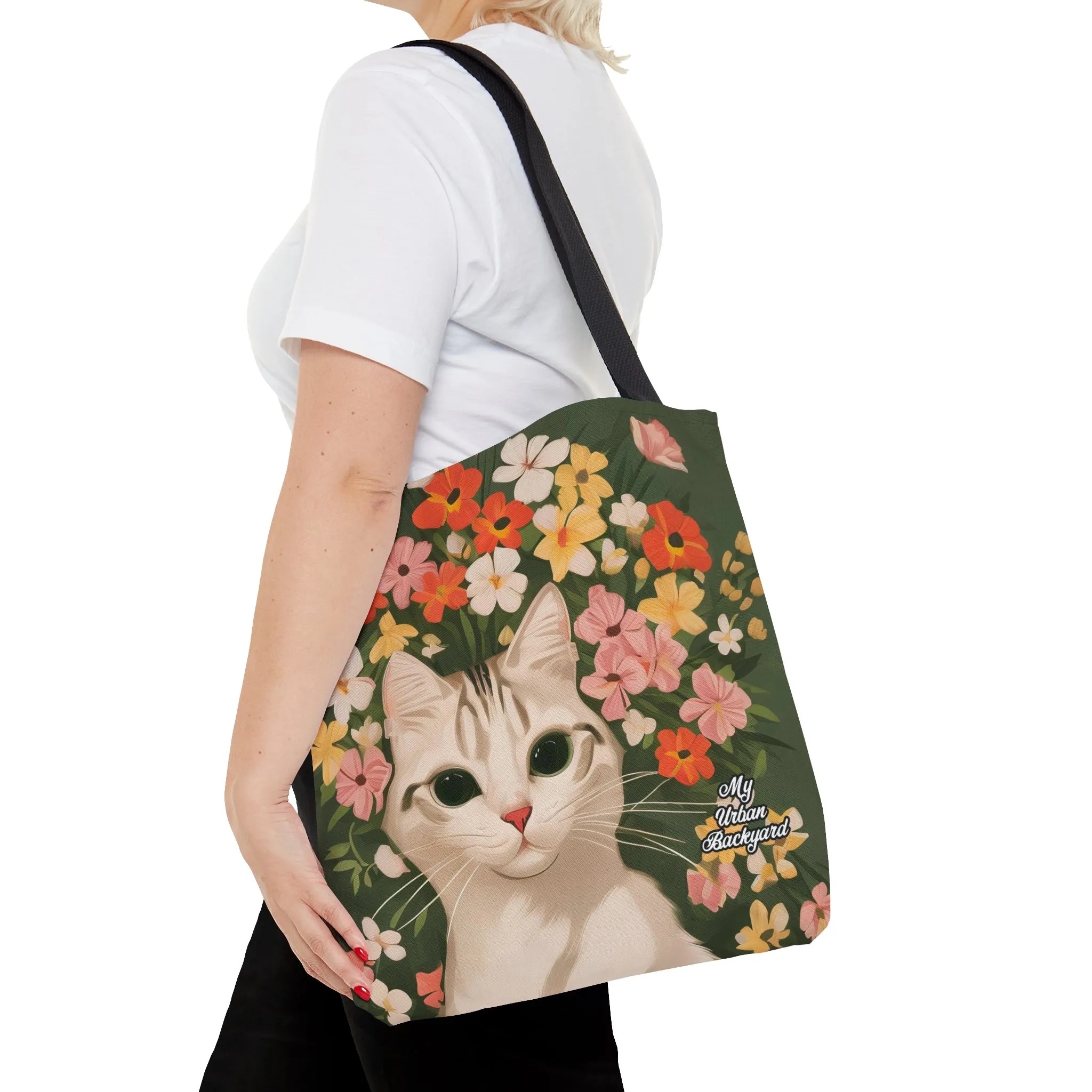 White Cat with Flowers, Tote Bag for Everyday Use - Durable and Functional