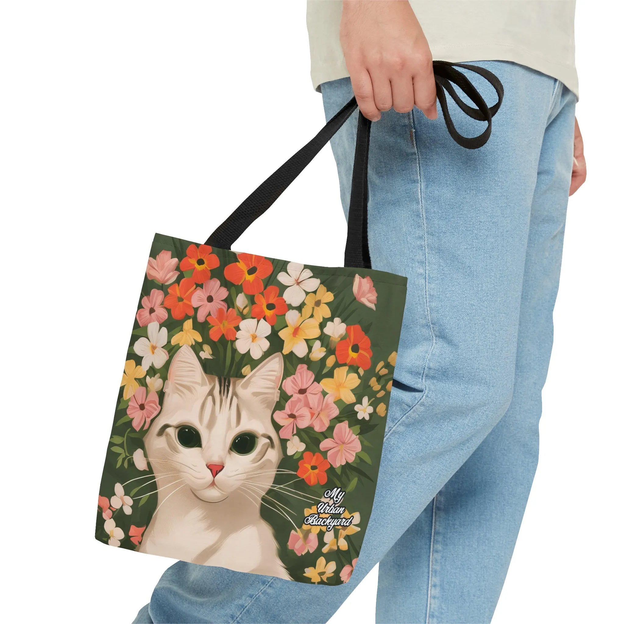 White Cat with Flowers, Tote Bag for Everyday Use - Durable and Functional