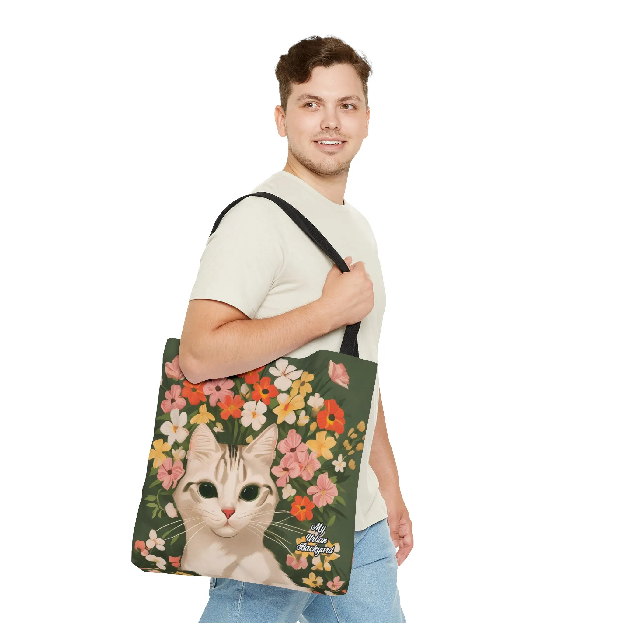 White Cat with Flowers, Tote Bag for Everyday Use - Durable and Functional