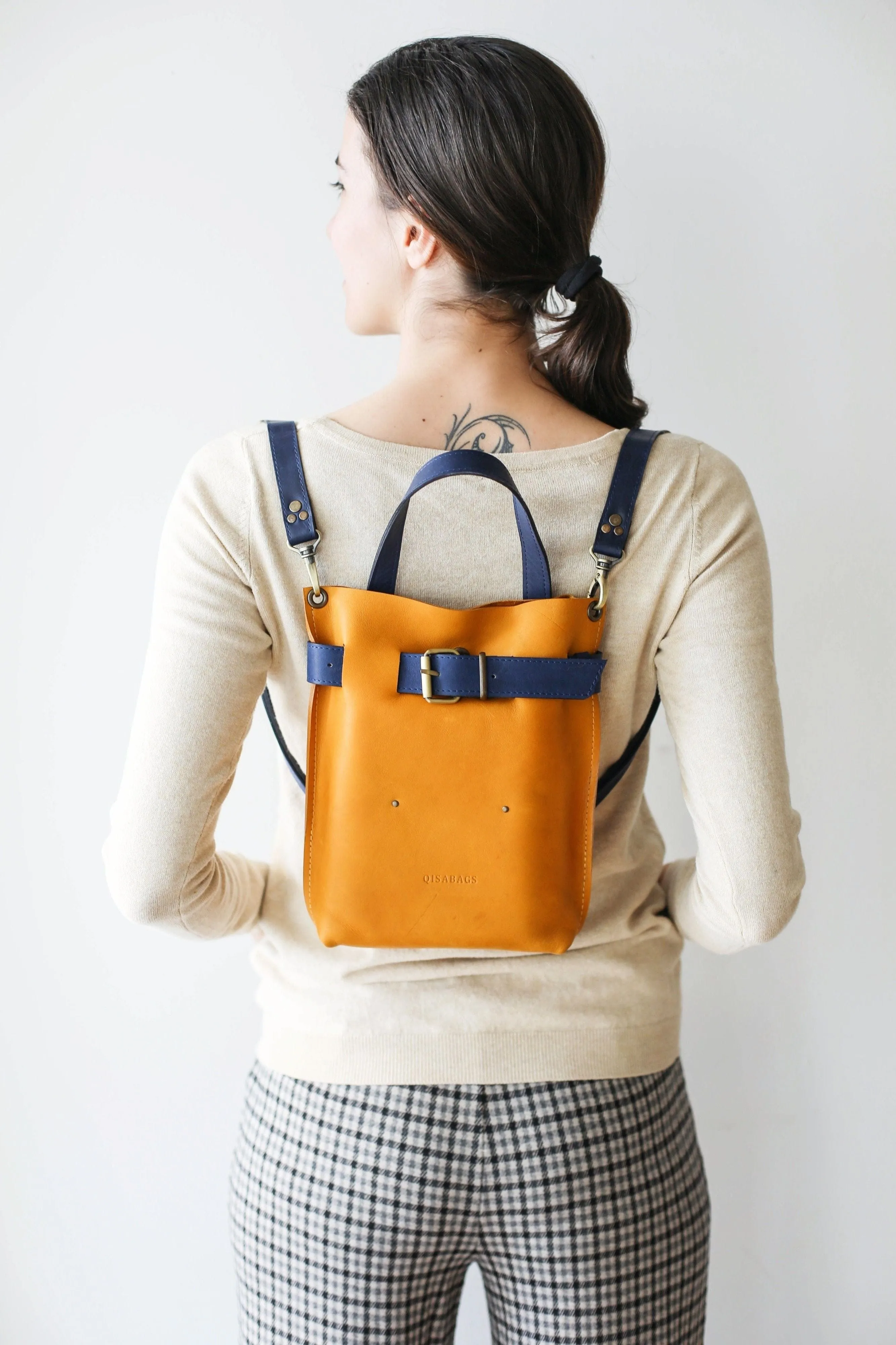 Yellow w/Blue Mini Leather Backpack (dual color)