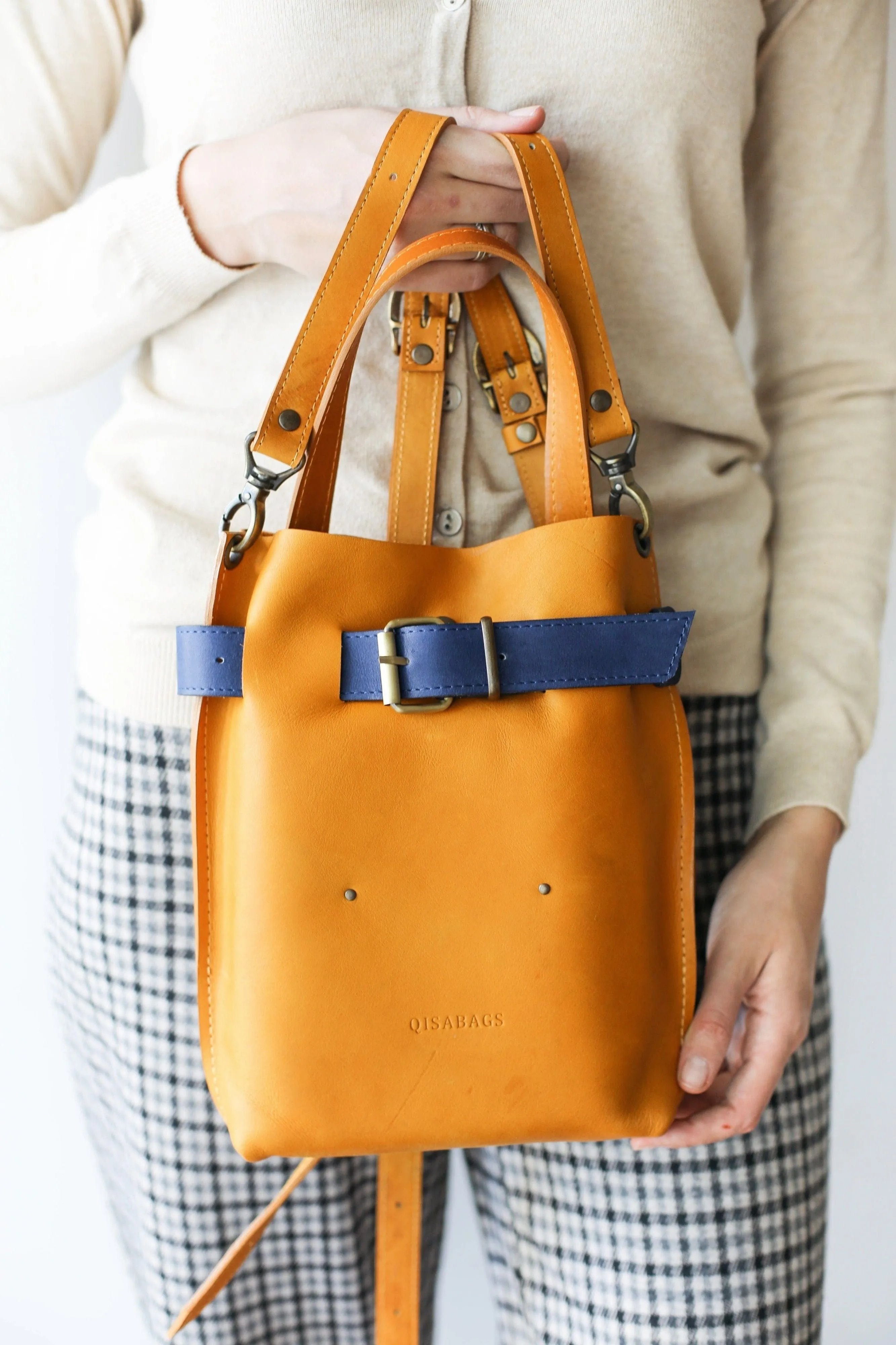 Yellow w/Blue Mini Leather Backpack (dual color)