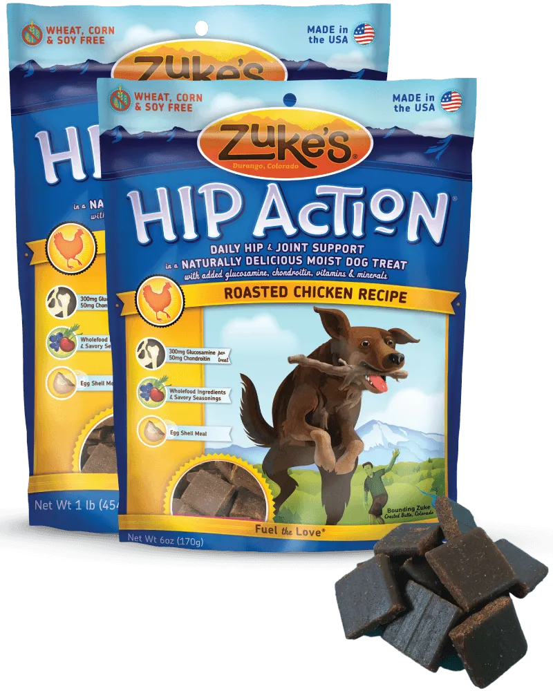 Zuke's Hip Action Dog Treats with Glucosamine & Chondroitin; available in 2 flavours, and 2 sizes.